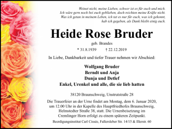 Traueranzeige von Heide Rose von Braunschweiger Zeitung