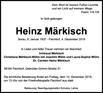 Traueranzeige von Heinz Märkisch von Helmstedter Nachrichten