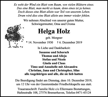Traueranzeige von Helga Holz von Salzgitter Zeitung