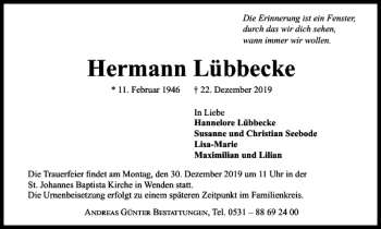 Traueranzeige von Hermann Lübbecke von Braunschweiger Zeitung
