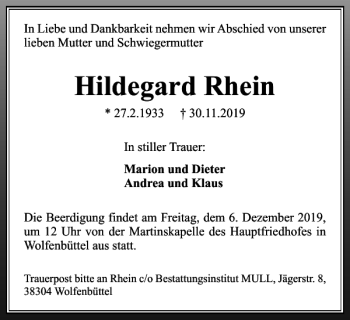 Traueranzeige von Hildegard Rhein von Wolfenbütteler Zeitung