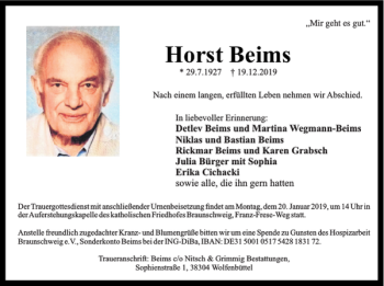 Traueranzeige von Horst Beims von Braunschweiger Zeitung