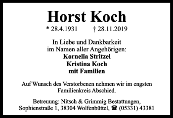 Traueranzeige von Horst Koch von Wolfenbütteler Zeitung