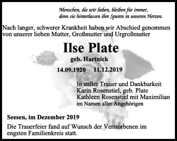 Traueranzeige von Ilse Plate von Braunschweiger Zeitung