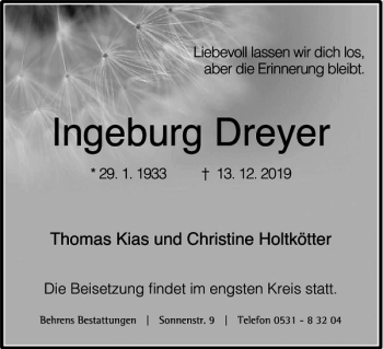 Traueranzeige von Ingeburg Dreyer von Braunschweiger Zeitung