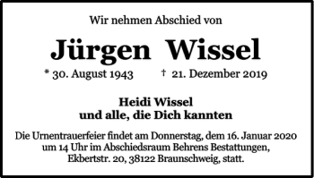 Traueranzeige von Jürgen Wissel von Braunschweiger Zeitung