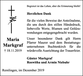 Traueranzeige von Maria Markgraf von Wolfenbütteler Zeitung