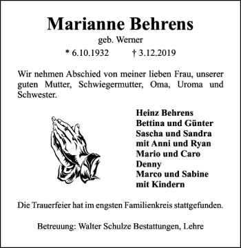 Traueranzeige von Marianne Behrens von Helmstedter Nachrichten
