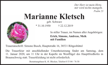 Traueranzeige von Marianne Kletsch von Braunschweiger Zeitung