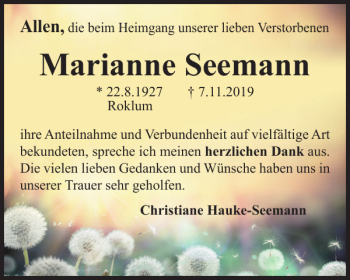 Traueranzeige von Marianne Seemann von Wolfenbütteler Zeitung