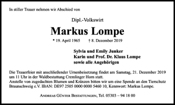 Traueranzeige von Markus Lompe von Braunschweiger Zeitung