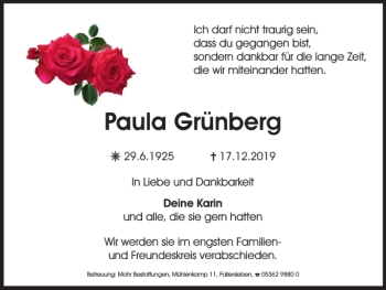 Traueranzeige von Paula Grünberg von Wolfsburger Nachrichten