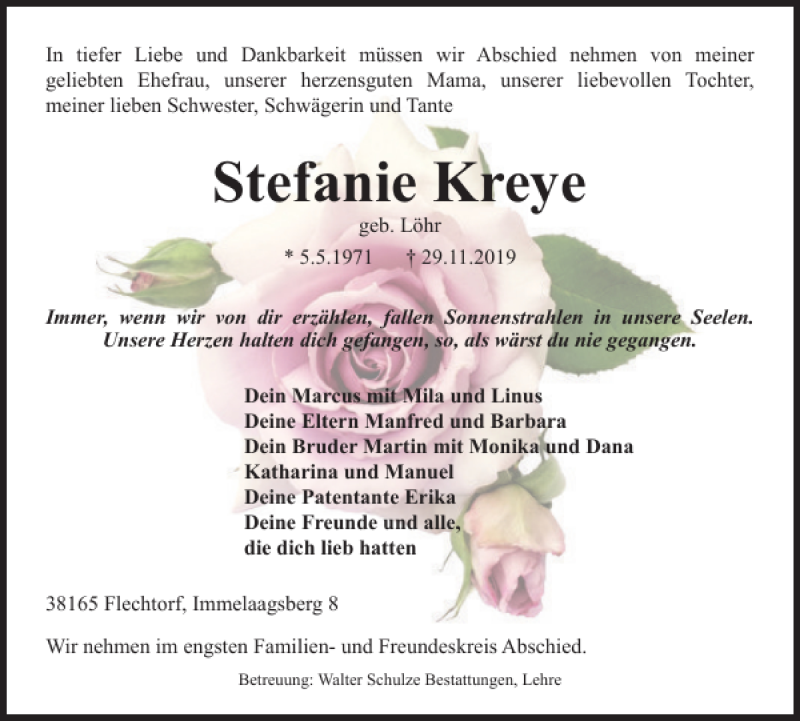  Traueranzeige für Stefanie Kreye vom 05.12.2019 aus Helmstedter Nachrichten