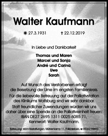 Traueranzeige von Walter Kaufmann von Wolfsburger Nachrichten
