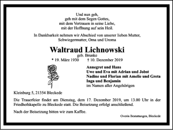 Traueranzeige von Waltraud Lichnowski von Salzgitter Zeitung