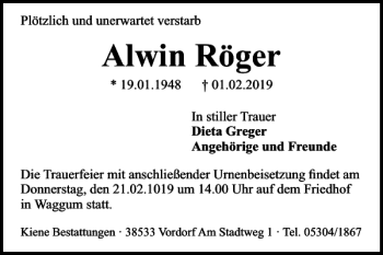 Traueranzeige von Alwin Röger von Braunschweiger Zeitung