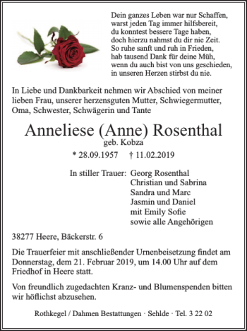 Traueranzeige von Anneliese Rosenthal von Salzgitter Zeitung