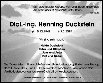 Traueranzeige von Dipl.-Ing. Henning Duckstein von Wolfsburger Nachrichten