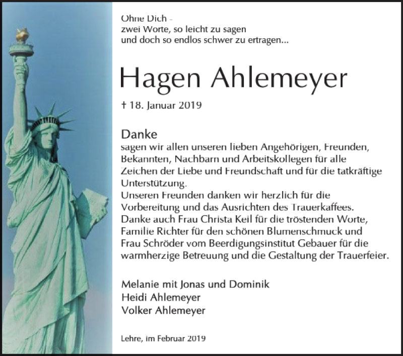  Traueranzeige für Hagen Ahlemeyer vom 02.02.2019 aus Helmstedter Nachrichten