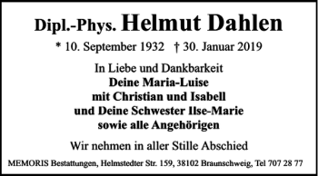 Traueranzeige von Helmut Dahlen von Braunschweiger Zeitung