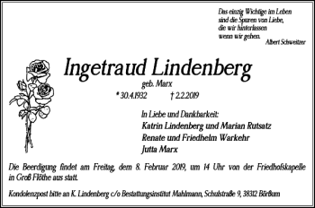Traueranzeige von Ingetraud Lindenberg von Wolfenbütteler Zeitung