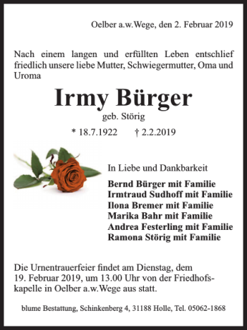 Traueranzeige von Irmy Bürger von Salzgitter Zeitung
