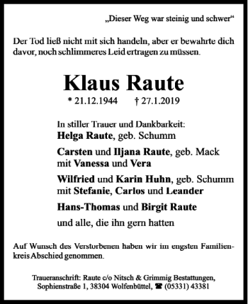 Traueranzeige von Klaus Raute von Braunschweiger Zeitung