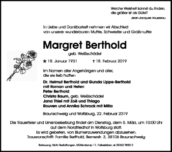 Traueranzeige von Margret Berthold von Wolfsburger Nachrichten