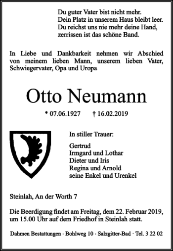 Traueranzeige von Otto Neumann von Salzgitter Zeitung