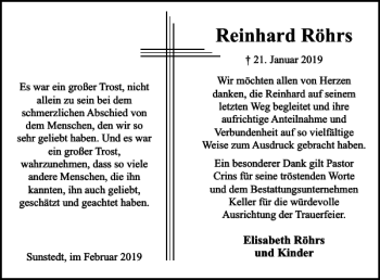 Traueranzeige von Reinhard Röhrs von Helmstedter Nachrichten