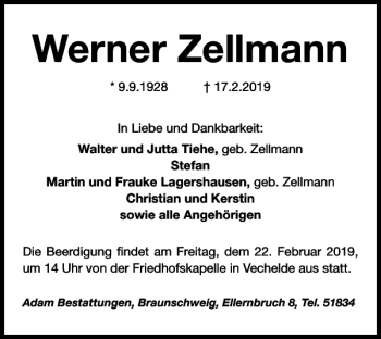 Traueranzeige von Werner Zellmann von Peiner Nachrichten