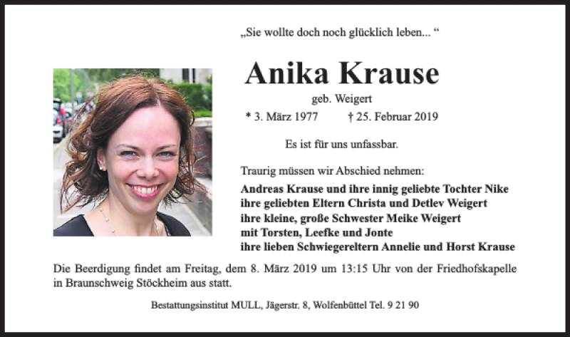  Traueranzeige für Anika Krause vom 02.03.2019 aus Braunschweiger Zeitung