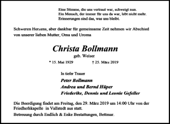 Traueranzeige von Christa Bollmann von Peiner Nachrichten