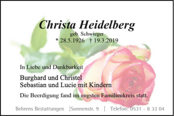Traueranzeige von Christa Heidelberg von Braunschweiger Zeitung