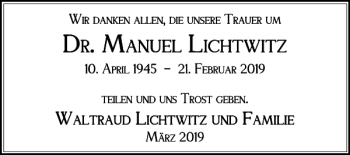 Traueranzeige von Dr. M lichtwitz von Braunschweiger Zeitung