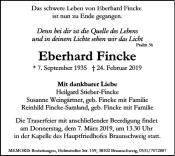 Traueranzeige von Eberhard Fincke von Braunschweiger Zeitung