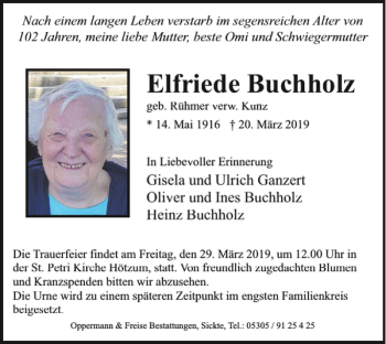 Traueranzeige von Elfriede Buchholz von Wolfenbütteler Zeitung