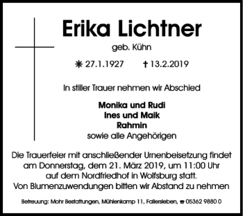 Traueranzeige von Erika Lichtner von Wolfsburger Nachrichten