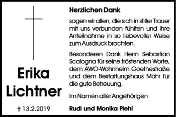 Traueranzeige von Erika Lichtner von Wolfsburger Nachrichten
