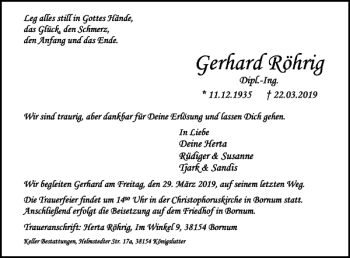 Traueranzeige von Gerhard Röhrig von Helmstedter Nachrichten