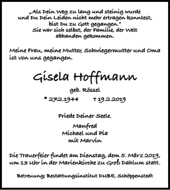 Traueranzeige von Gisela Hoffmann von Wolfenbütteler Zeitung