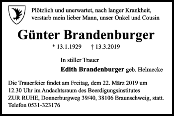 Traueranzeige von Günter Brandenburger von Braunschweiger Zeitung