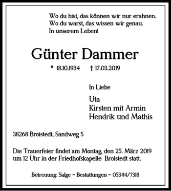 Traueranzeige von Günter Dammer von Peiner Nachrichten