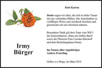 Traueranzeige von Irmy Bürger von Salzgitter Zeitung