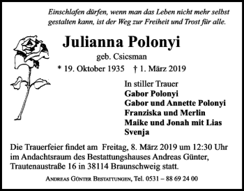 Traueranzeige von Julianna Polonyi von Braunschweiger Zeitung