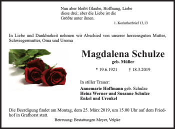 Traueranzeige von Magdalena Schulze von Helmstedter Nachrichten