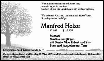 Traueranzeige von Manfred Holze von Helmstedter Nachrichten