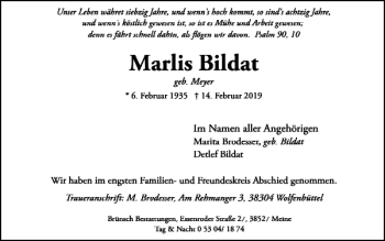 Traueranzeige von Marlis Bildat von Braunschweiger Zeitung