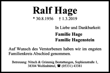 Traueranzeige von Ralf Hage von Wolfenbütteler Zeitung