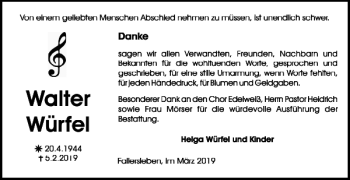 Traueranzeige von Walter Würfel von Wolfsburger Nachrichten